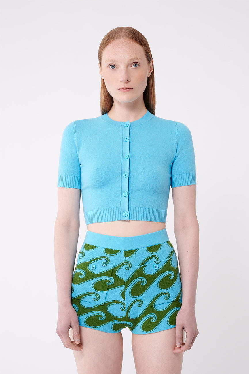 Aqua Peachskin Short Sleeve Crop Cardigan