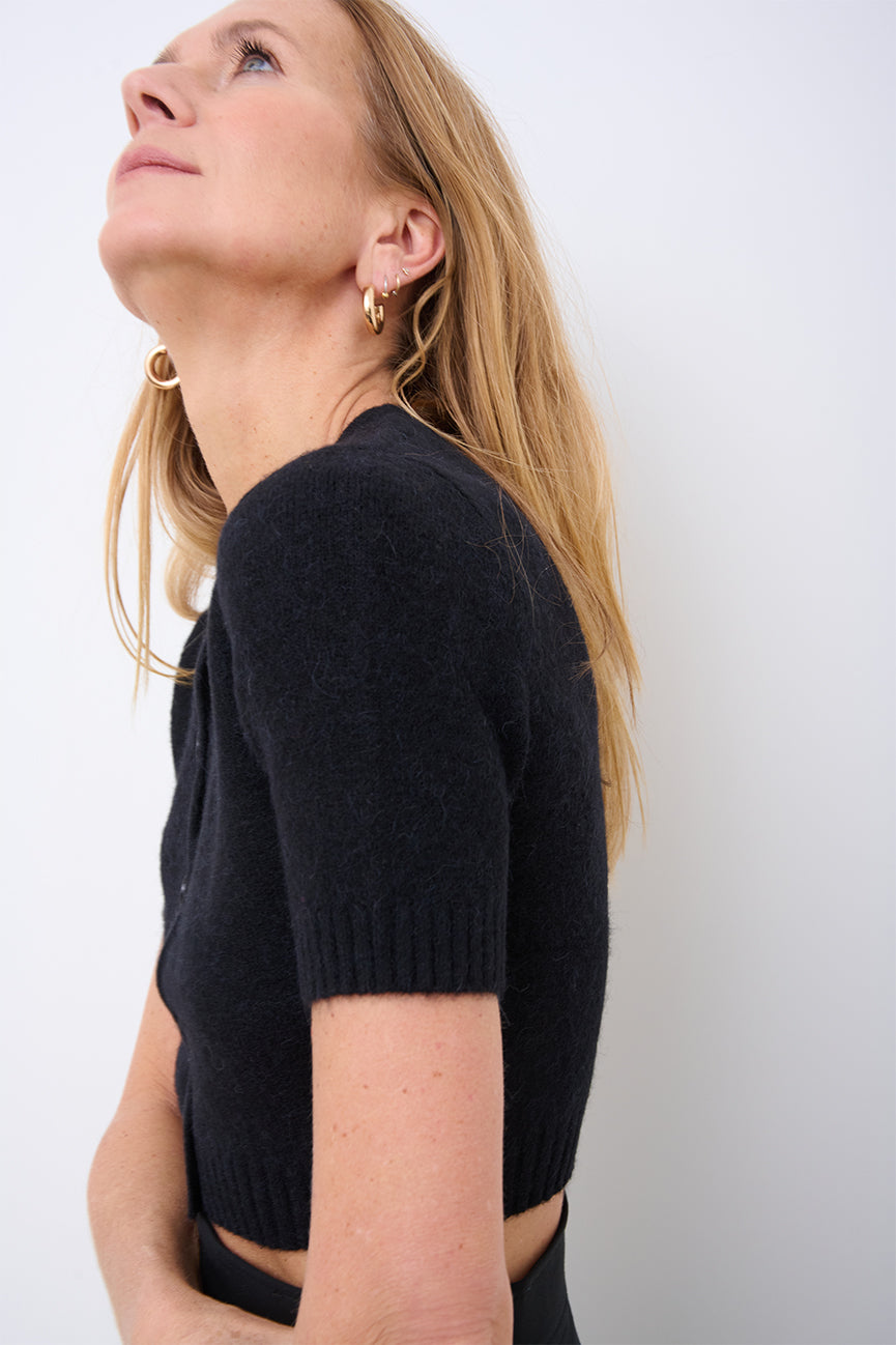 Black Alpaca blend Short Sleeve Crop Cardigan