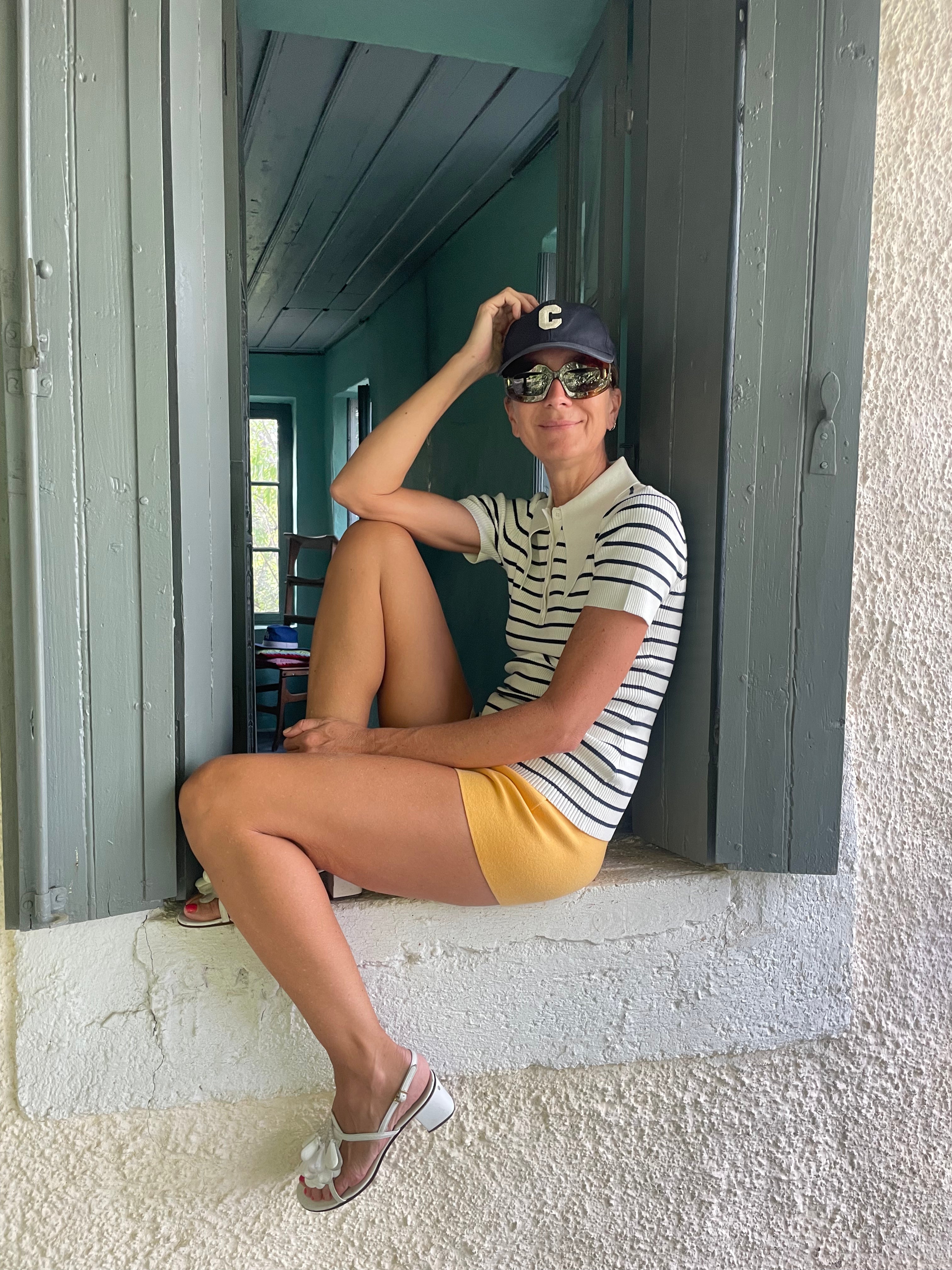 Marine Stripe Peachskin Rib Polo Top