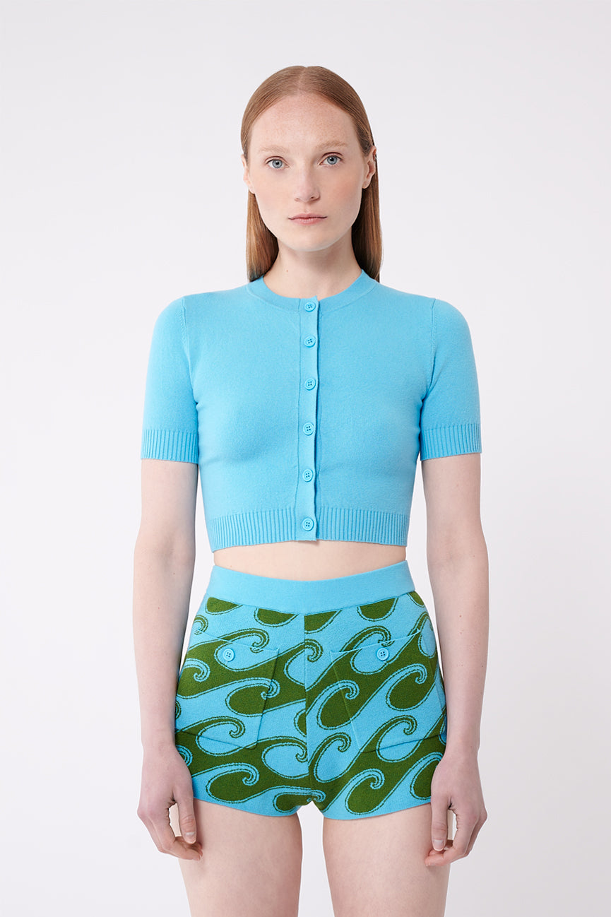 JoosTricot Aqua Blue Peachskin Short Sleeve Crop Cardigan Top