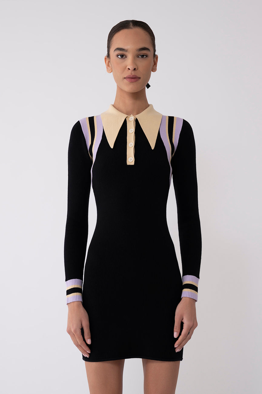 Black Chevron Peachskin Long Sleeve Mini Polo Dress – JoosTricot