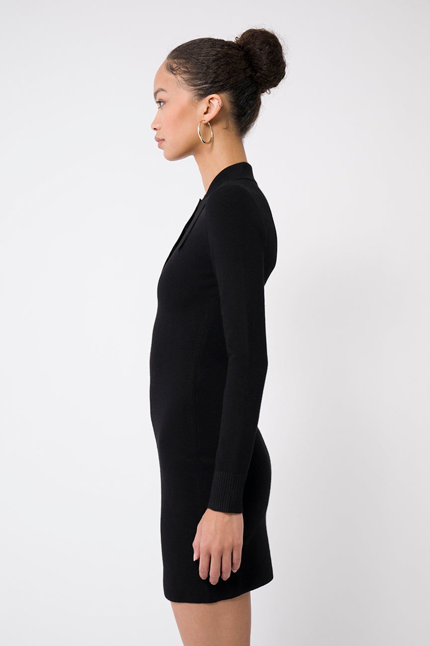Black EcoMerino Long Sleeve Mini Polo Dress