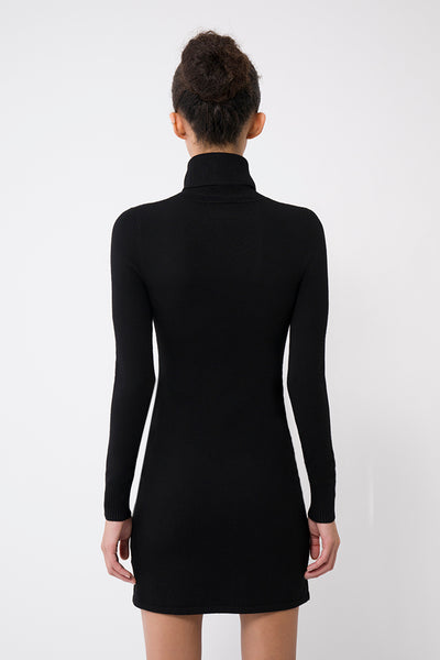 Women's black tie-front long sleeve bodycon turtleneck sweater dress -  Toccin