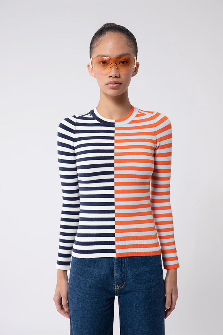 Duo Striped Gloss Long Sleeve Crew Neck