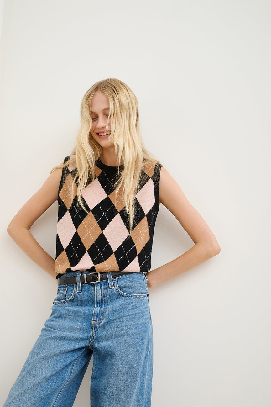 Black Cashmere Argyle Vest