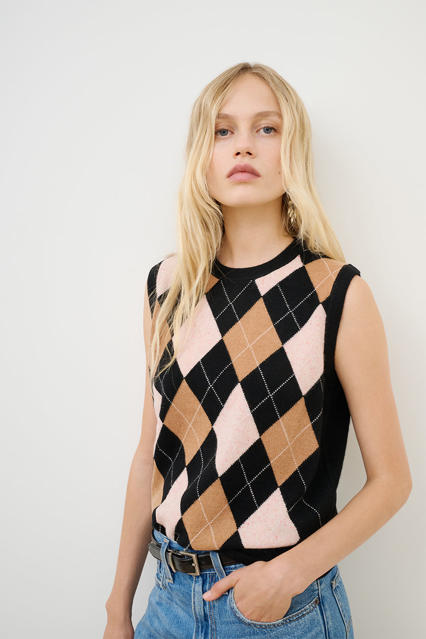 Black Cashmere Argyle Vest