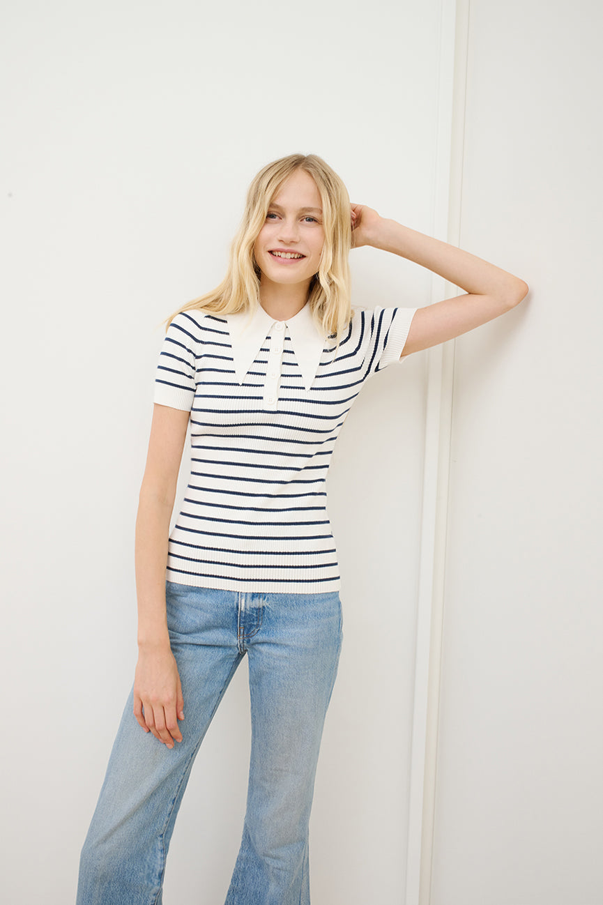 Marine Stripe Peachskin Rib Polo Top