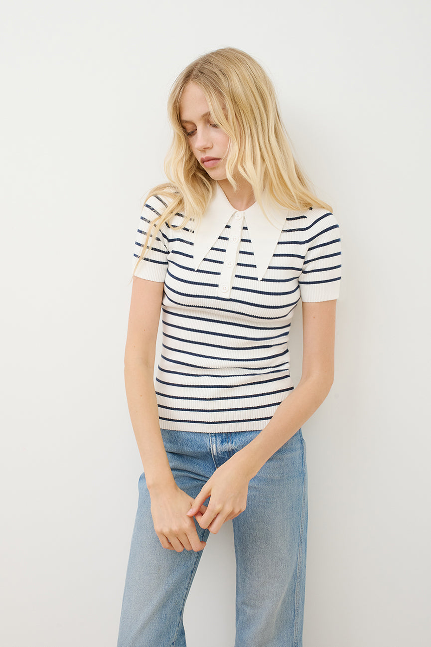 Marine Stripe Peachskin Rib Polo Top