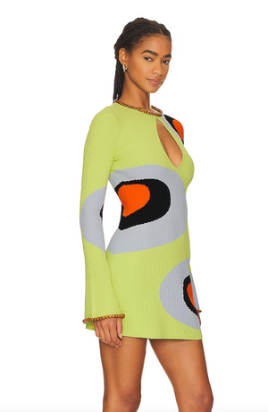 Lime Psychedelic Mini Dress with Wooden Beads