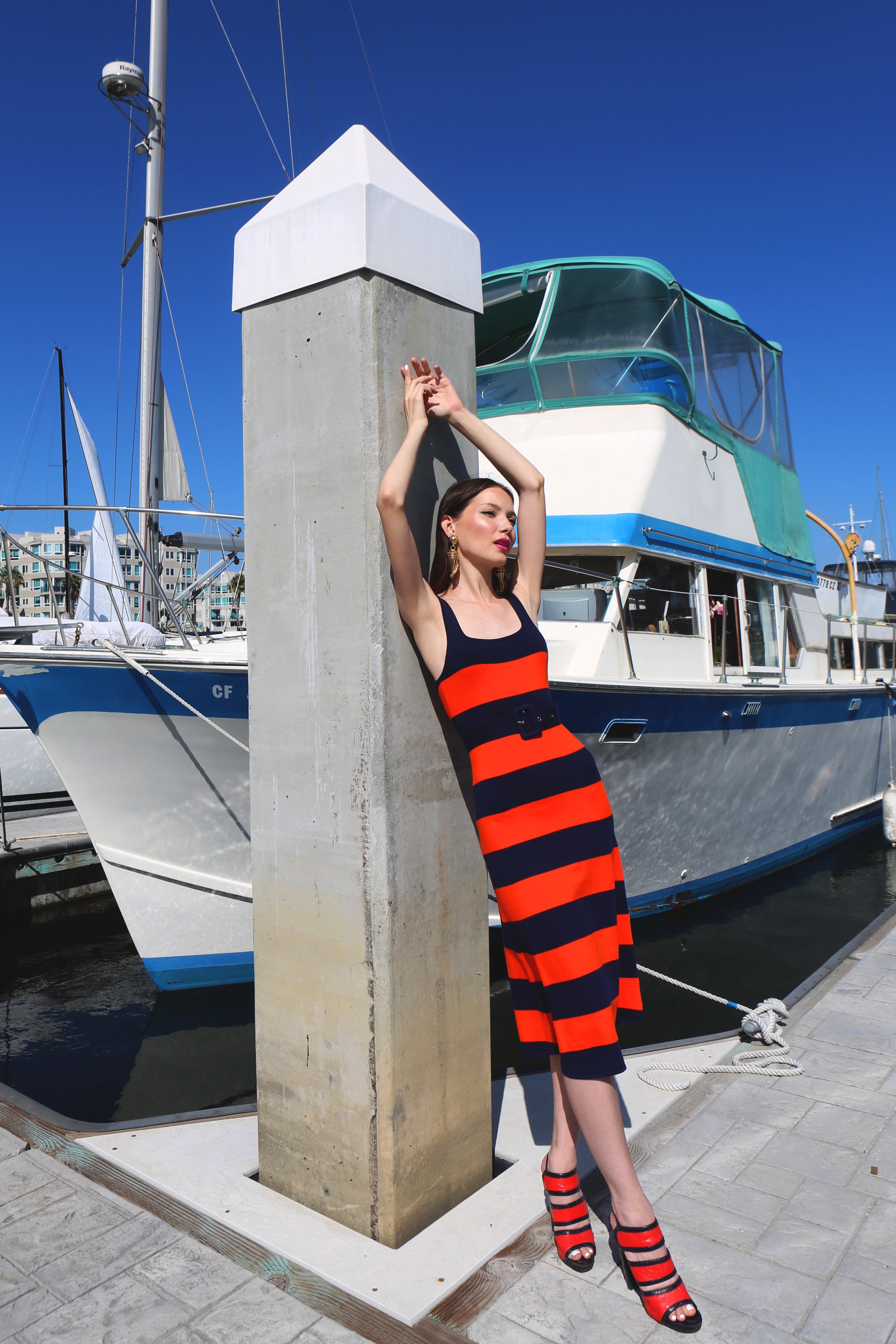 Buy Franato Women's Slim Fitted Striped Tank Midi Dress Bodycon Jersey Knit  L at