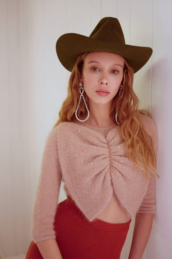 Dewy Pink Mohair Bow Top with Swarovski Crystals