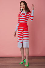 JoosTricot Tomato Red  / Arctic Blue Stripe Peachskin Long Sleeve Polo Top