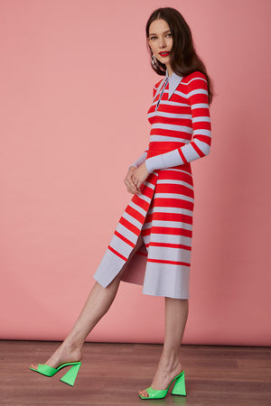 JoosTricot Tomato Red  / Arctic Blue Stripe Peachskin Long Sleeve Polo Top