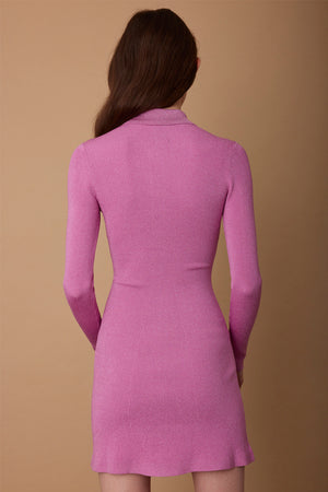 Pink Metallic Lurex Long Sleeve Mini Flared Polo Dress