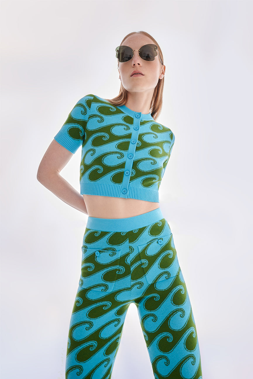 JoosTricot Aqua / Palm Waves Peachskin Short Sleeve Crop Cardigan Top