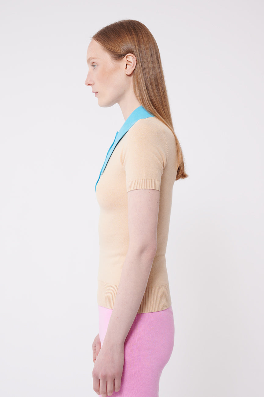 JoosTricot Color Block Nude Blue Peachskin Short Sleeve Polo Top