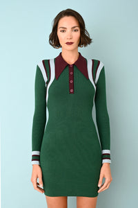 Green EcoMerino Chevron Long Sleeve Mini Polo Dress