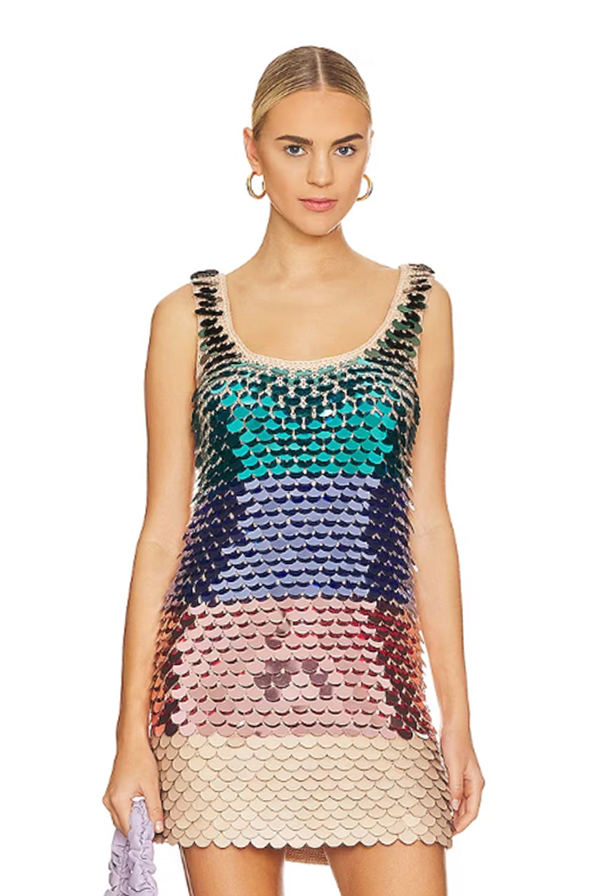 Rainbow Sequins Crochet Mini Dress