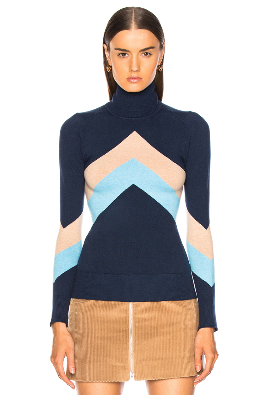 JoosTricot Navy Color Block Peachskin Chevron Turtleneck Top