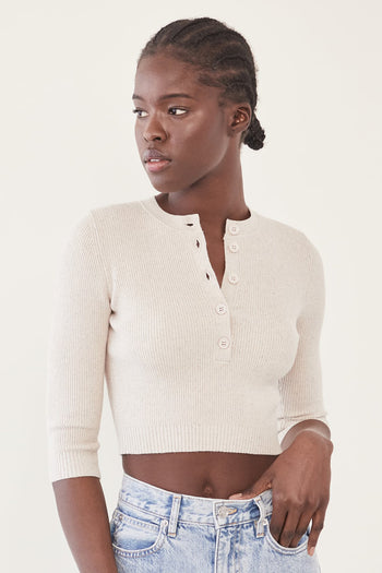 JoosTricot Silver Sand Off White Ribbed Cropped Henley Top