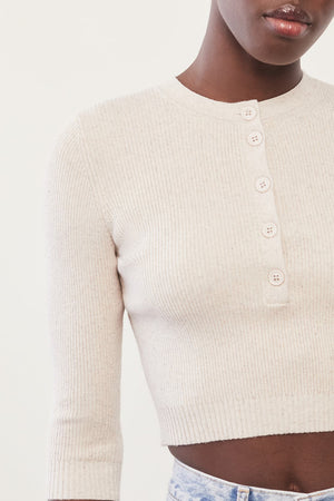 JoosTricot Silver Sand Off White Ribbed Cropped Henley Top